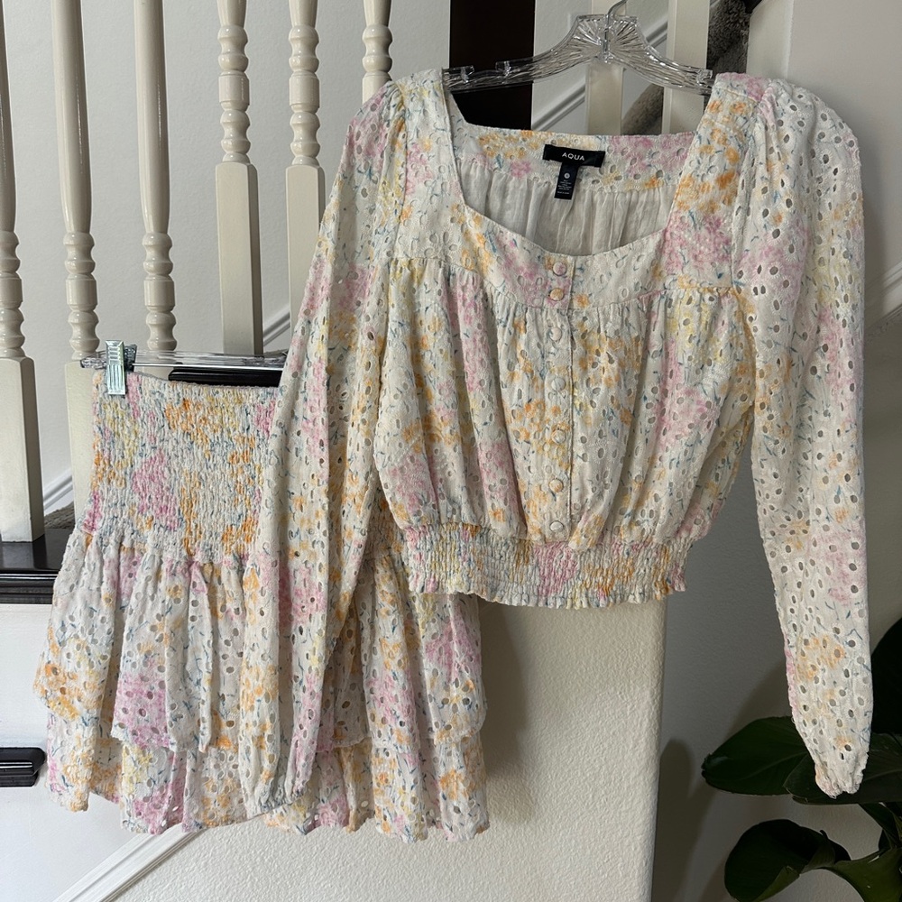 Aqua Floral Eyelet Top and Skirt